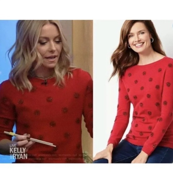 Talbots Tinsel-Dot Bateau Neck Sweater Red Size Medium Lambswool Blend Holiday - Picture 12 of 13